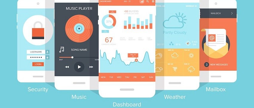 Minh họa thiết kế UX trên mobile với các màn hình app bảo mật, nghe nhạc, dashboard, thời tiết và hộp thư