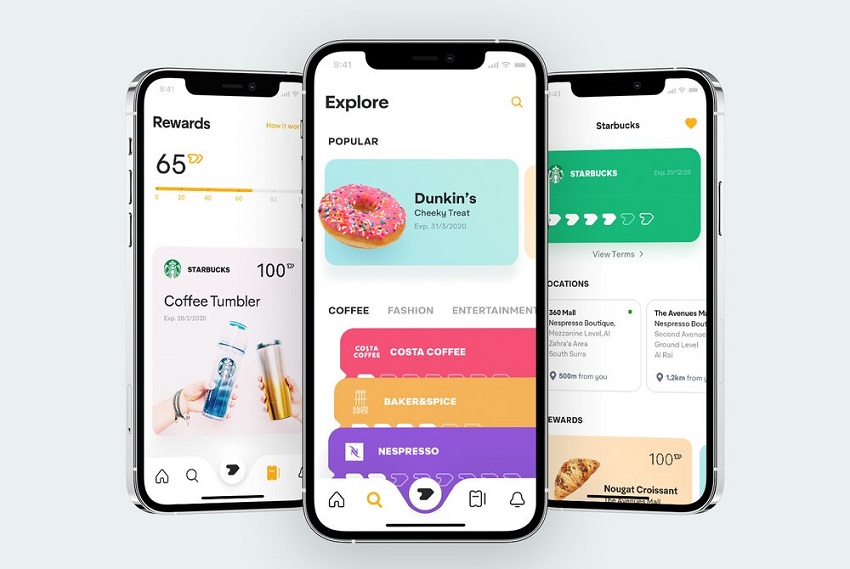 Giao diện app hiển thị điểm thưởng và ưu đãi từ các thương hiệu cà phê, đồ ăn