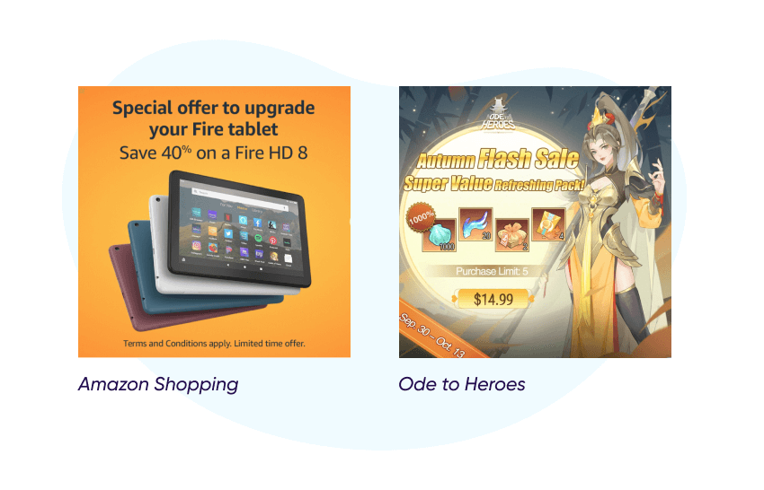 Ví dụ quảng cáo dùng từ khóa ưu đãi của Amazon Shopping và game Ode to Heroes