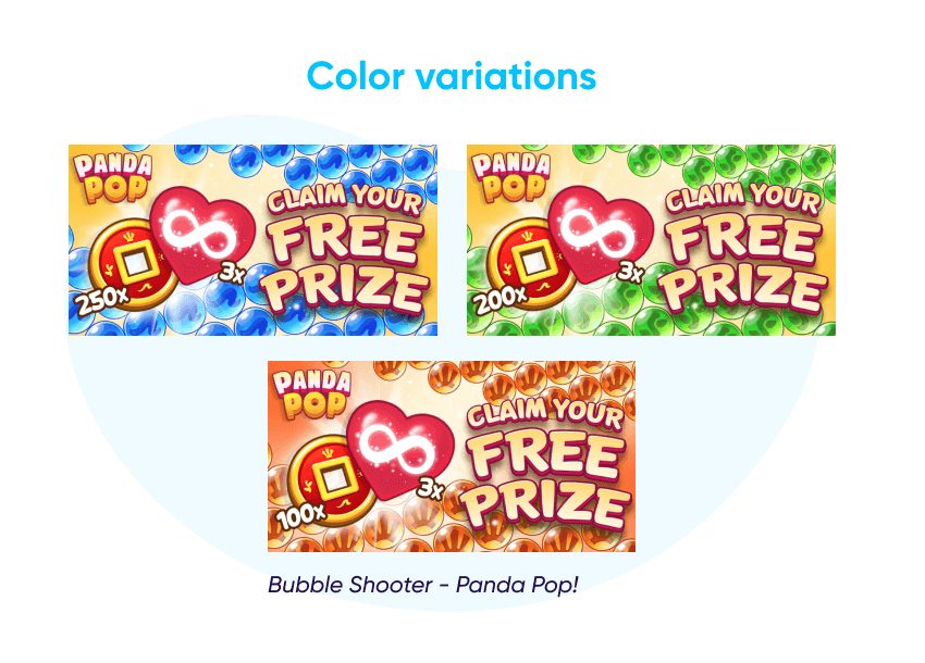 Ba biến thể màu sắc của cùng một quảng cáo game Bubble Shooter Panda Pop