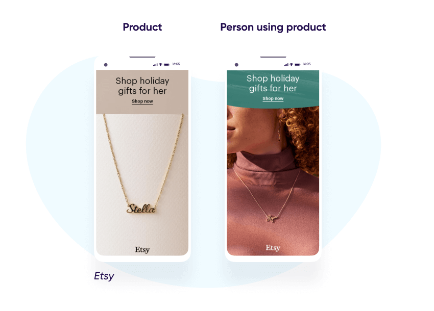 So sánh quảng cáo Etsy: ảnh sản phẩm dây chuyền và ảnh người đeo dây chuyền