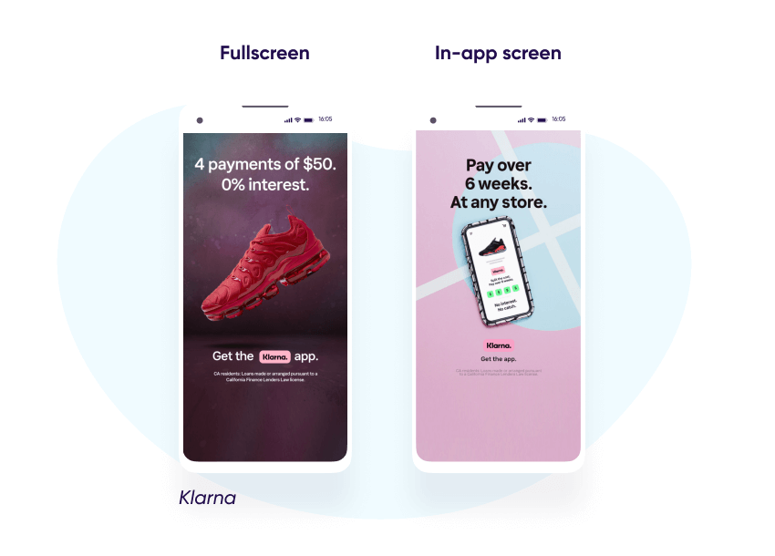 So sánh quảng cáo Klarna dạng toàn màn hình và dạng màn hình trong app