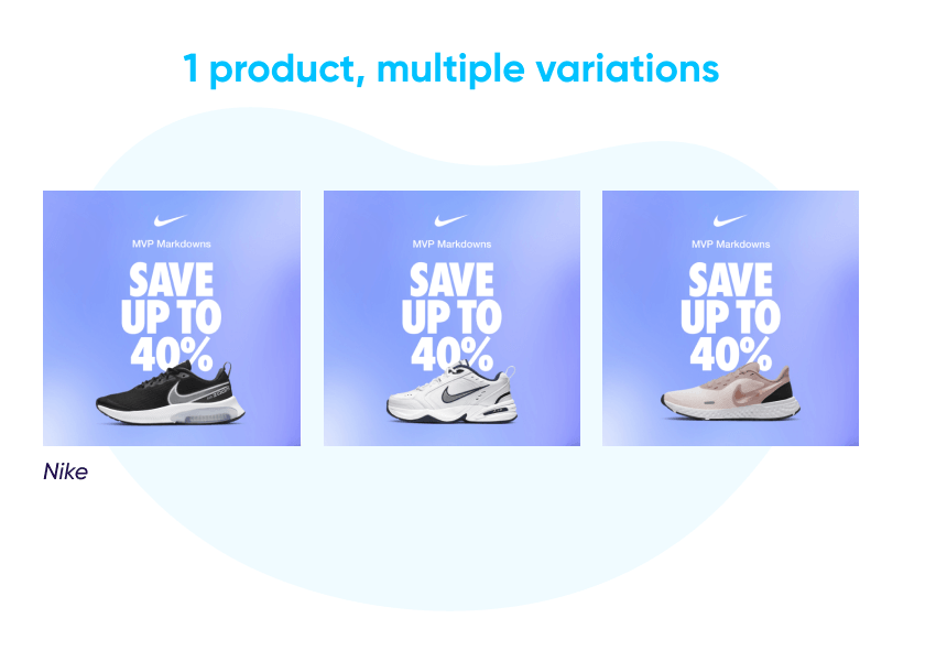 Quảng cáo Nike với một sản phẩm giày và nhiều biến thể màu