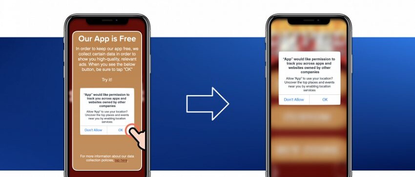 Luồng opt-in khi mở app: thông báo giải thích có gắn thương hiệu, sau đó là hộp thoại ATT của Apple