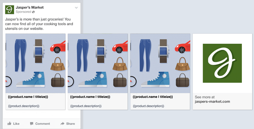Ví dụ quảng cáo động dạng carousel trên Facebook với tên và mô tả sản phẩm tự động điền
