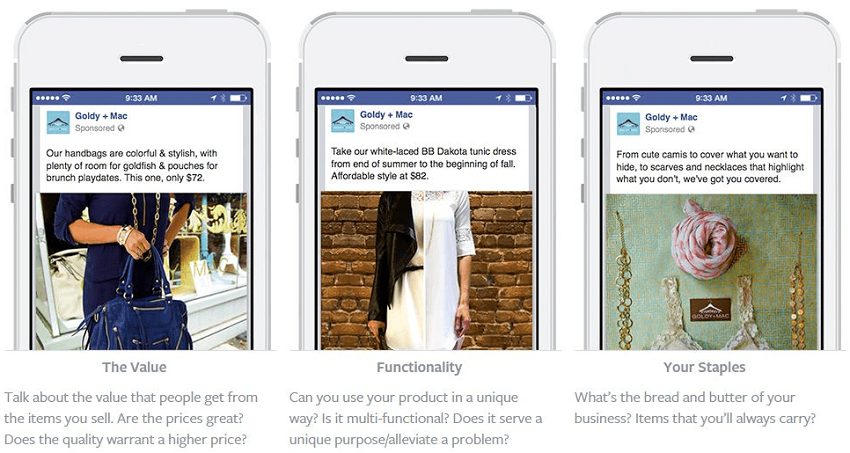 Ba mẫu quảng cáo Facebook của một thương hiệu thời trang, viết ad copy theo giá trị, chức năng và sản phẩm chủ lực