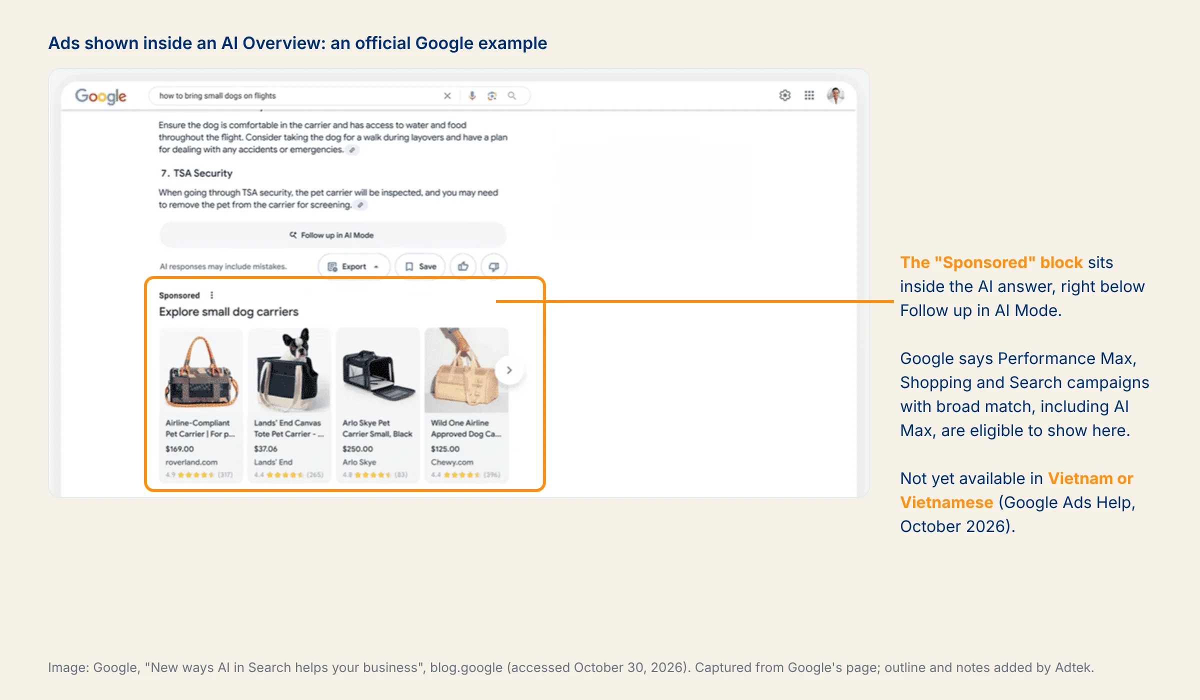 Sponsored ads shown inside an AI Overview on Google Search, official Google example