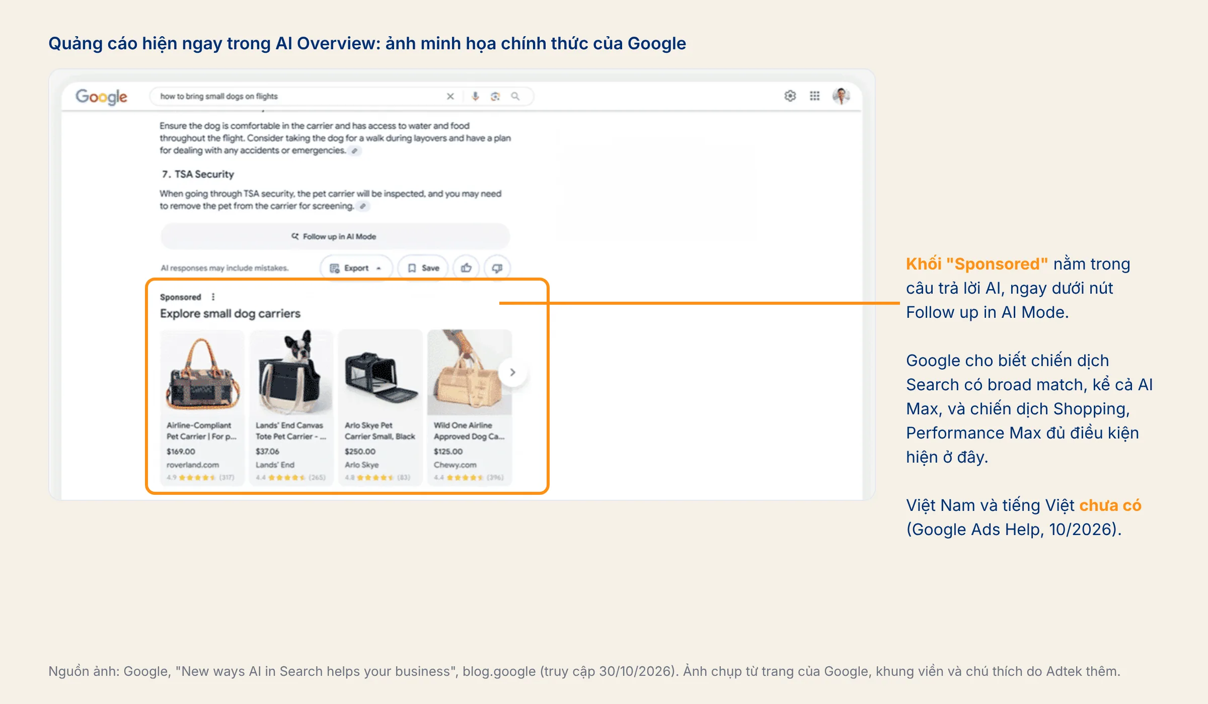 Quảng cáo Sponsored hiện bên trong AI Overview trên Google Search, ảnh minh họa chính thức của Google