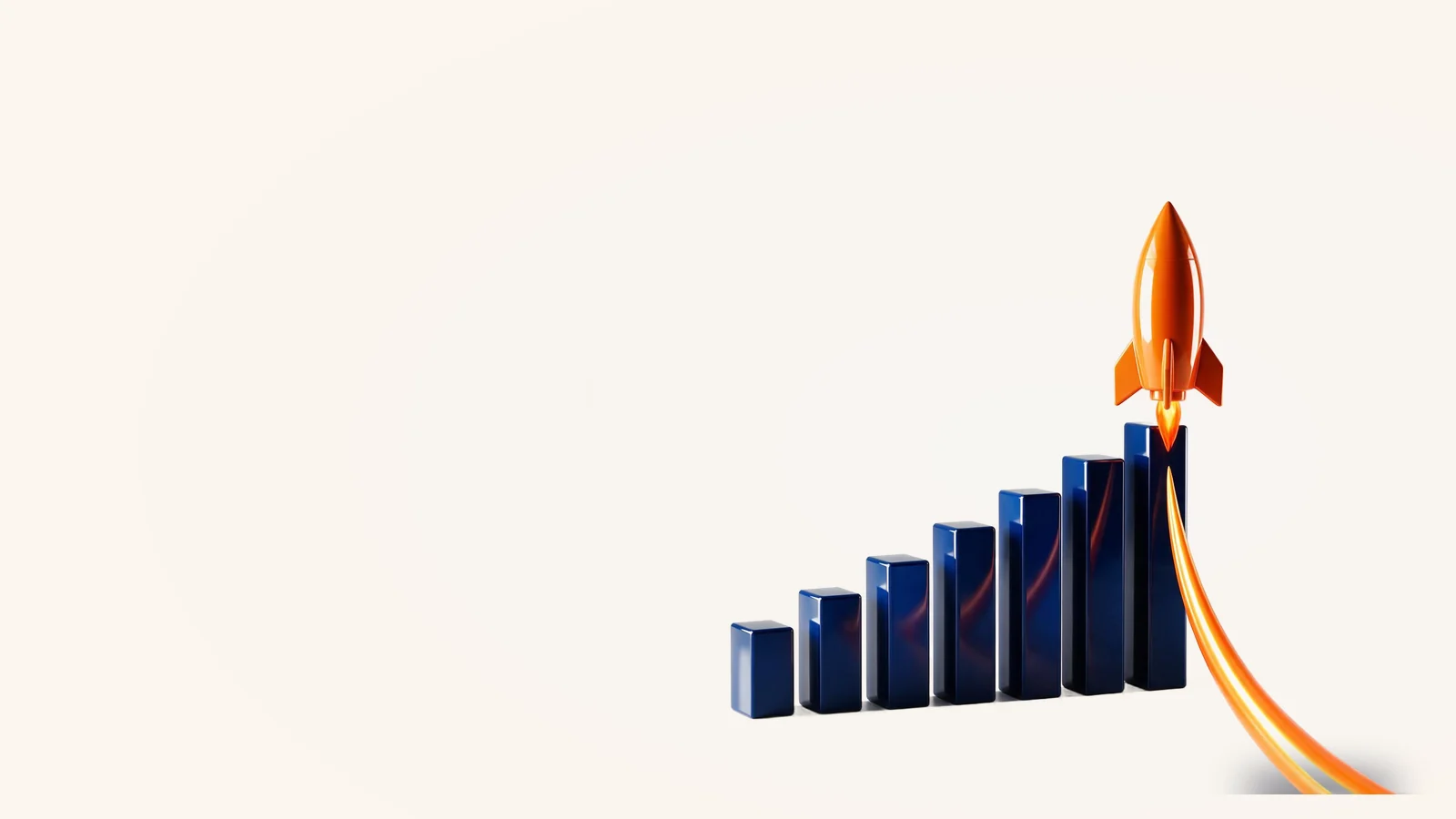 Tên lửa cất cánh từ đỉnh biểu đồ cột tăng dần, minh họa growth marketing agency Adtek