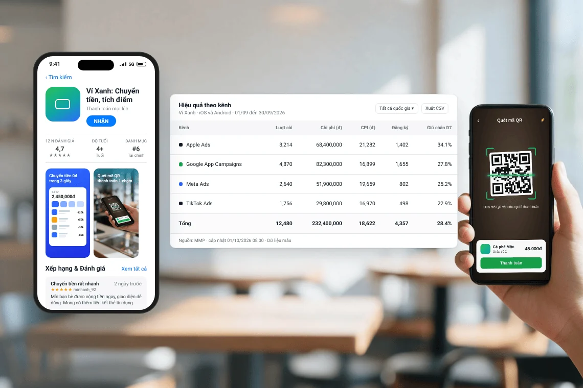 Minh họa dịch vụ App user acquisition của Adtek: trang ứng dụng ví điện tử, bảng hiệu quả theo kênh quảng cáo và điện thoại quét mã QR thanh toán tại quán cà phê