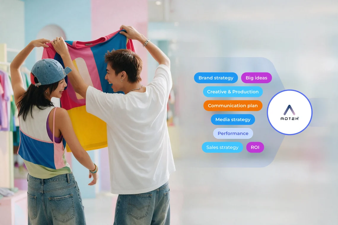 Minh họa dịch vụ Brand Commerce của Adtek: hai bạn trẻ chọn áo trong cửa hàng thời trang, sơ đồ từ chiến lược thương hiệu, ý tưởng, sản xuất, truyền thông, media, performance đến ROI