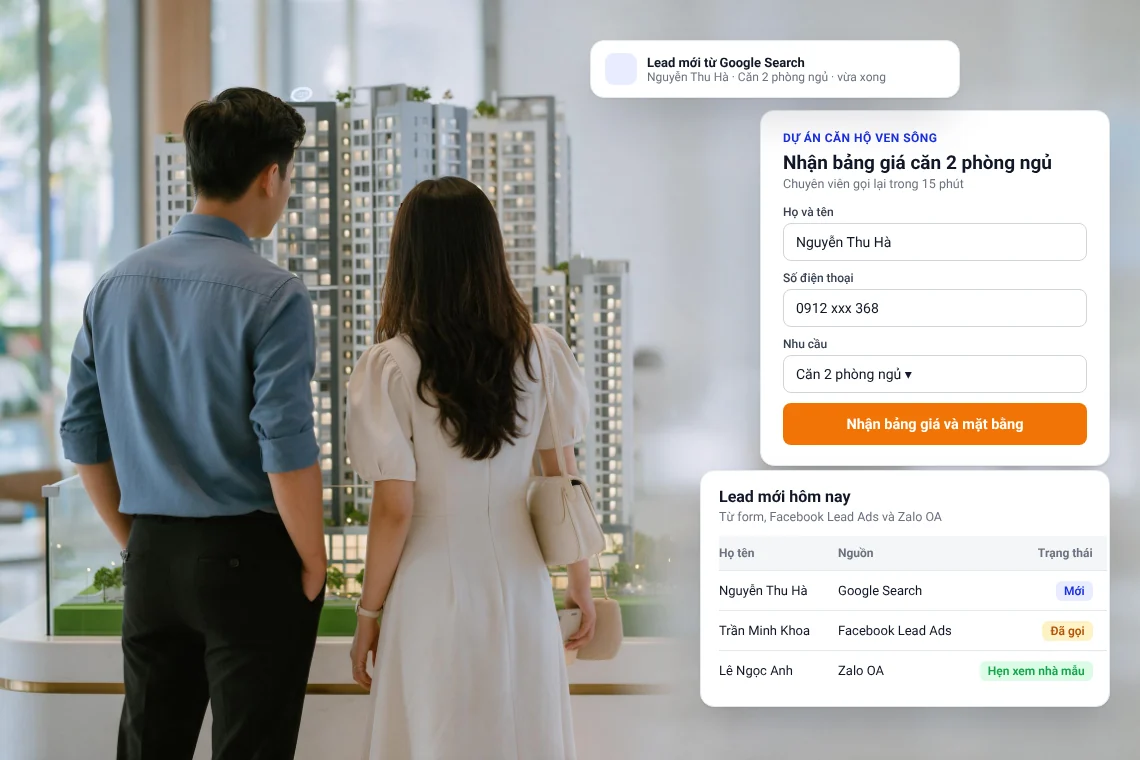 Minh họa dịch vụ Lead generation của Adtek cho bất động sản: cặp đôi xem sa bàn dự án căn hộ, form nhận bảng giá và bảng lead mới trong ngày