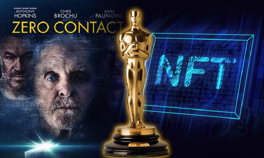 Poster phim Zero Contact với Anthony Hopkins, tượng Oscar và chữ NFT