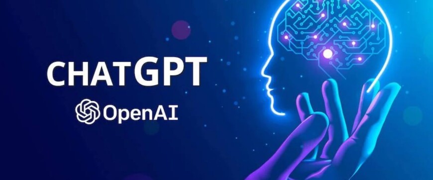 Logo ChatGPT và OpenAI bên cạnh hình đầu người với bộ não mạch điện tử