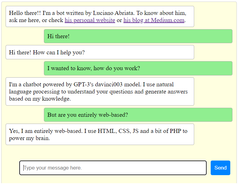 Ví dụ hội thoại với chatbot chạy bằng GPT-3 trên nền web