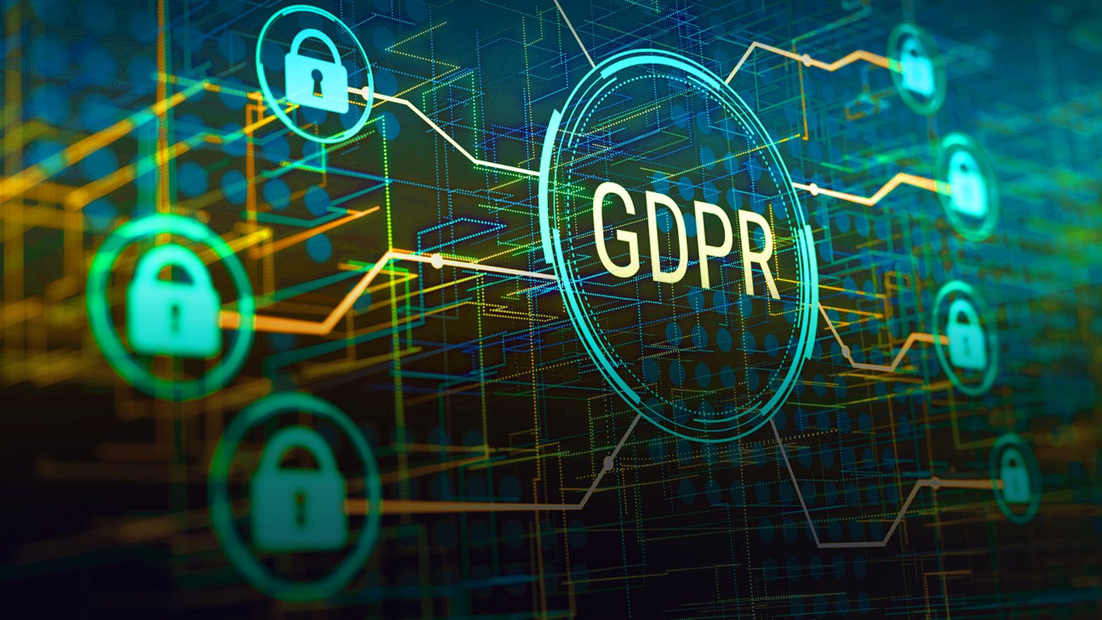 Hình minh họa chữ GDPR giữa các biểu tượng ổ khóa và mạch dữ liệu